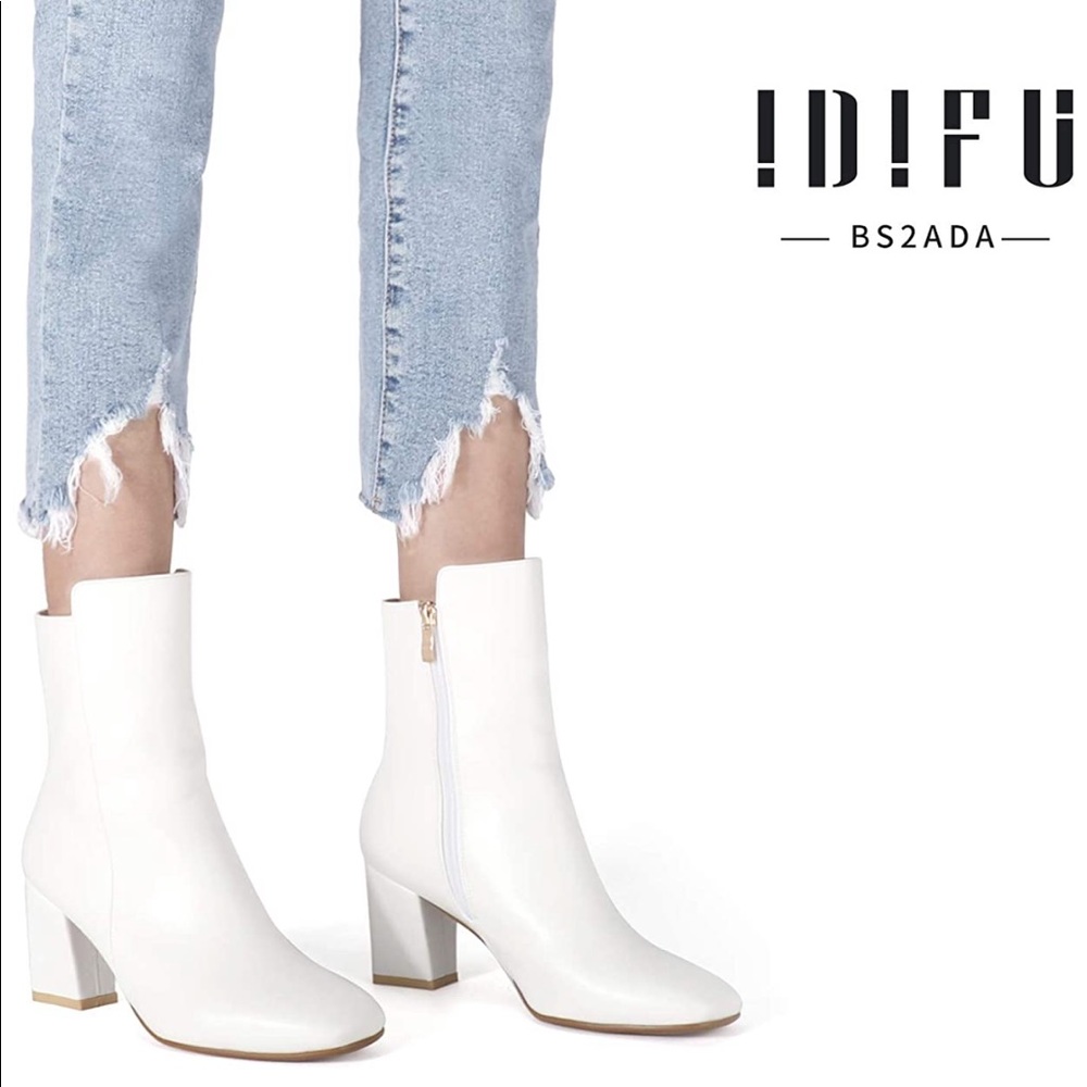square toe short gogo ankle white boot